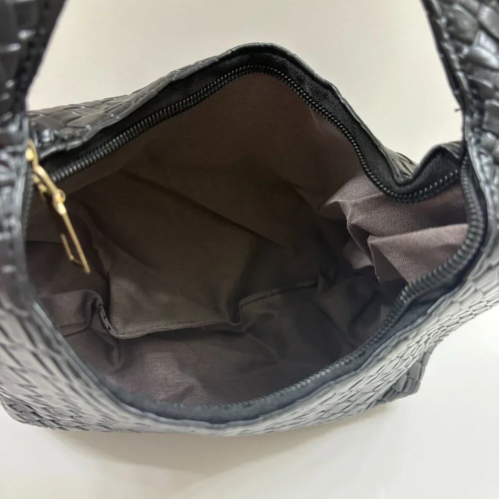 Embossed Woven Slouchy Mini Hobo Bag Faux Leather- Black- NWT